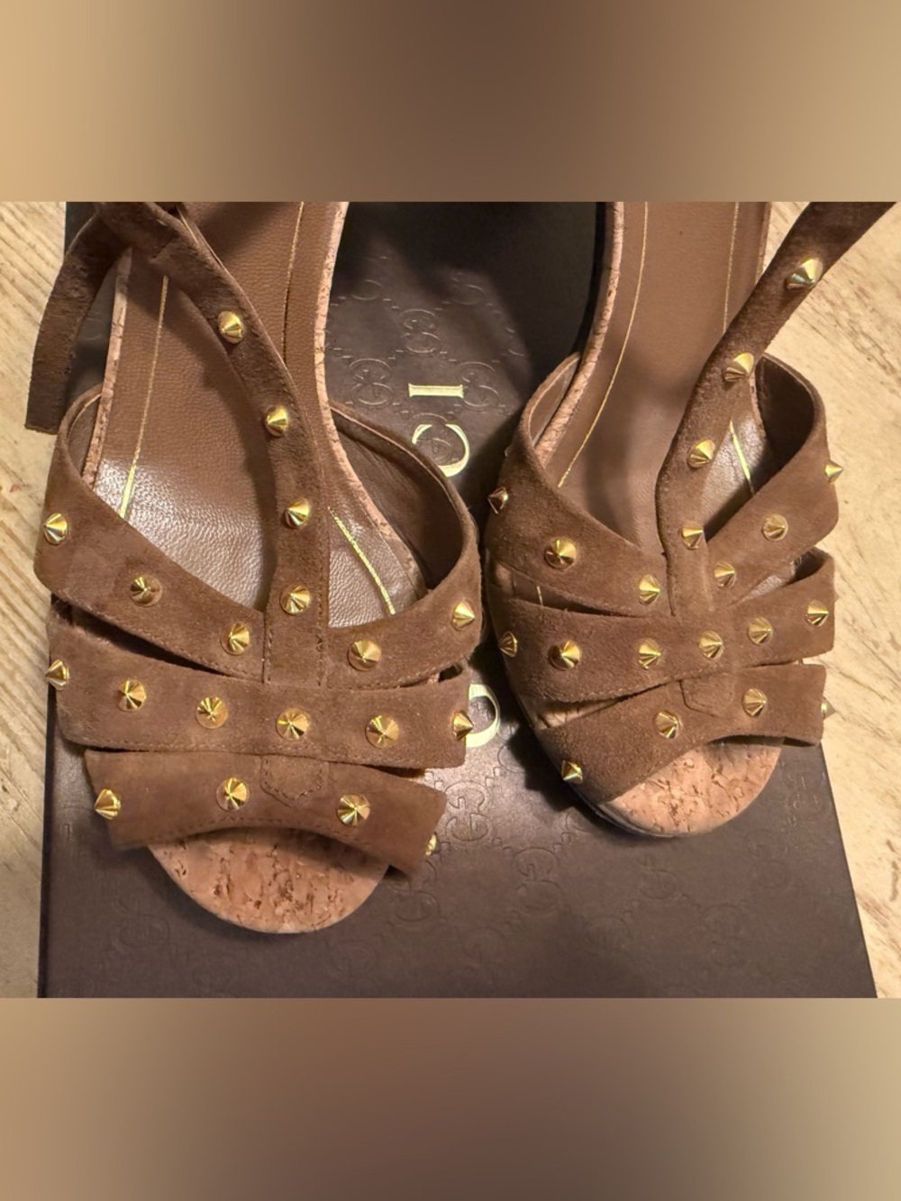 Gucci Brown Suede Studded T-Strap Sandals - Picture 7 of 11